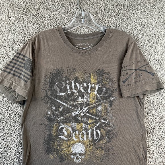 Grunt Style Other - Grunt Style Shirt Mens Medium Brown Liberty Or Death Skull Tis Well Defend FLAW